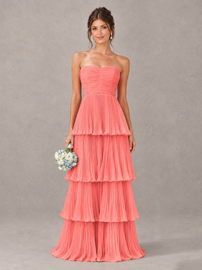 BOLODOO Coral Strapless Tiered Pleated Bridesmaid Dress - Coral - Coral_1