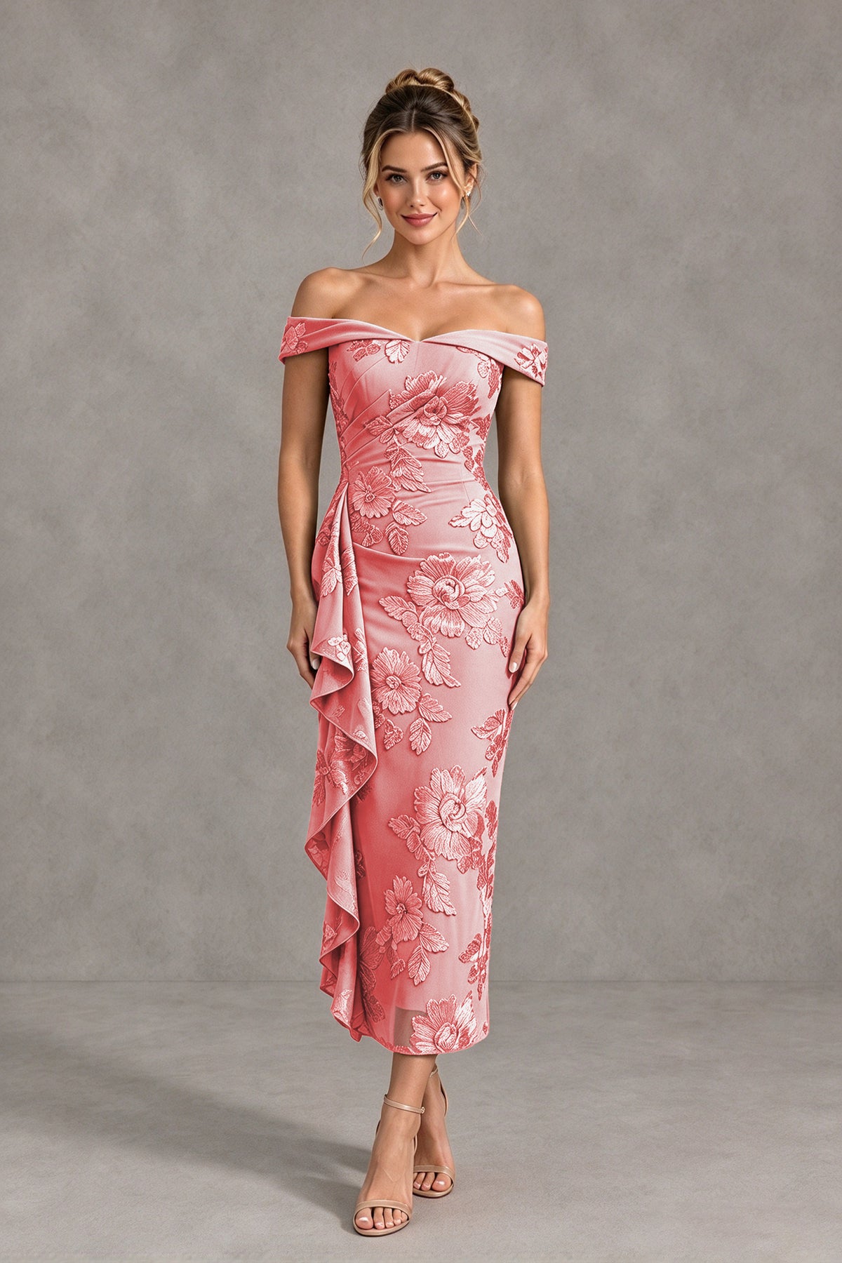 BOLODOO Coral Off Shoulder Floral Jacquard Midi Dress - Coral - Coral(1)