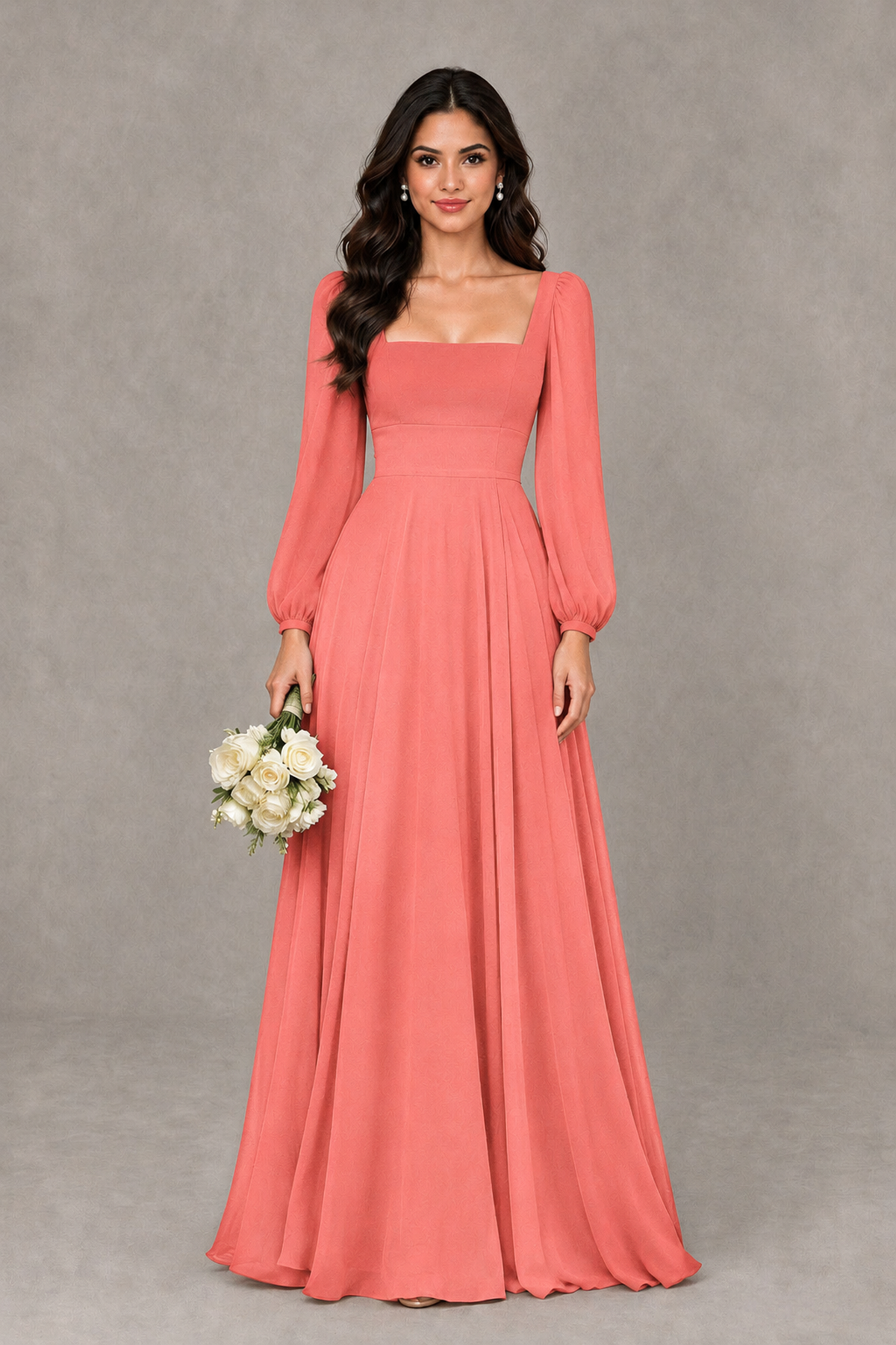 BOLODOO Coral Square Neck Long Sleeve A-Line Bridesmaid Dress - Coral - Coral_1