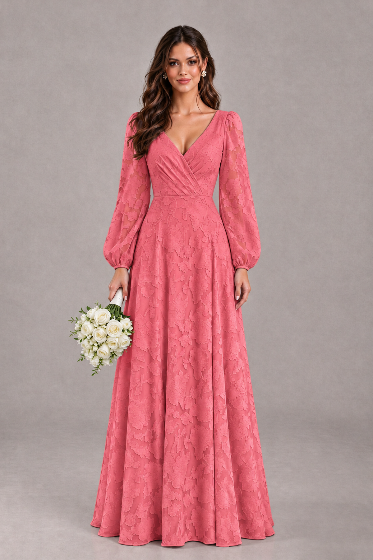 BOLODOO Coral Long Sleeve V-Neck A-Line Mother of the Bride Dress - Coral - Coral_1