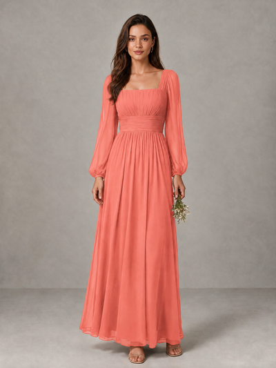 BOLODOO Coral Square Neck Long Sleeve Chiffon Bridesmaid Dress - Coral - Coral_1