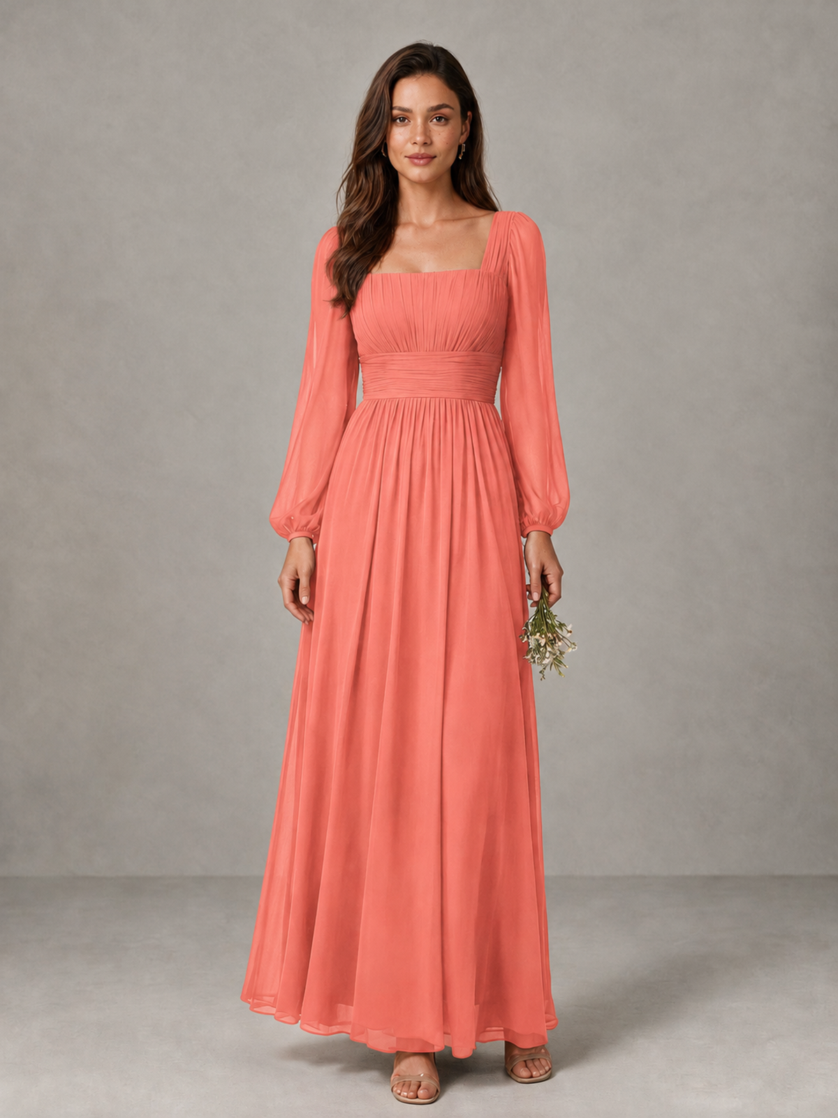 BOLODOO Coral Square Neck Long Sleeve Chiffon Bridesmaid Dress - Coral - Coral_1