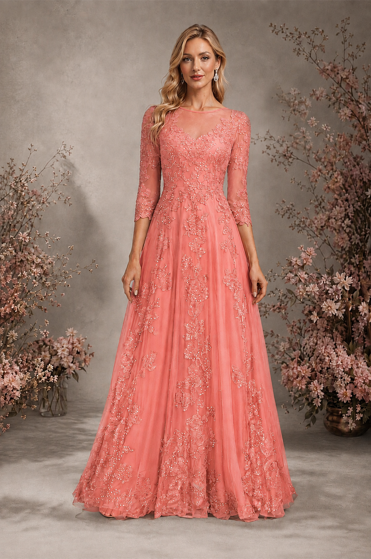 BOLODOO Coral Sequin Lace 3/4 Sleeve Open Back Formal Evening Gown - Coral