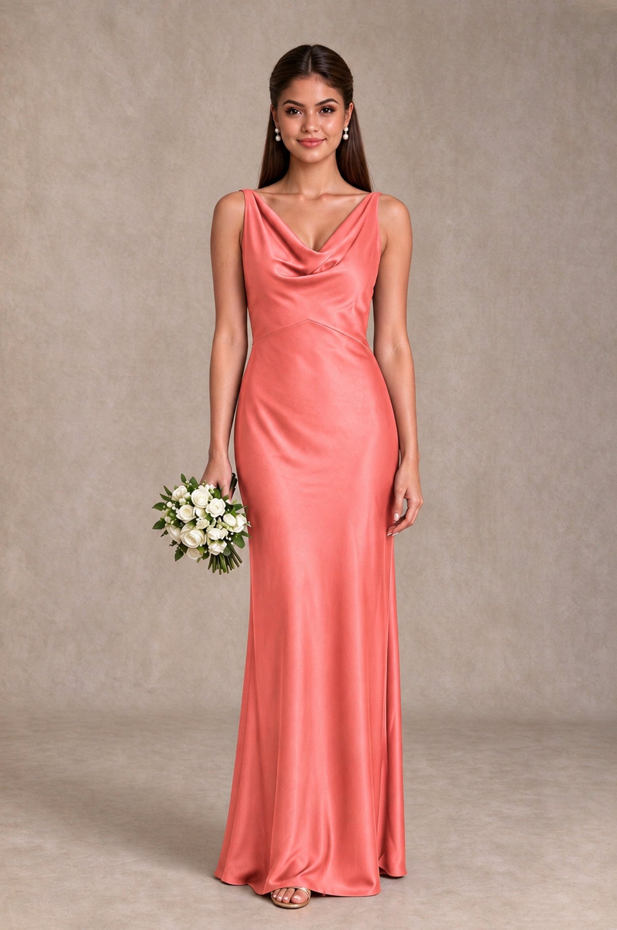 BOLODOO Coral Cowl Neck Open Back Satin Bridesmaid Dress - Coral - Coral_1