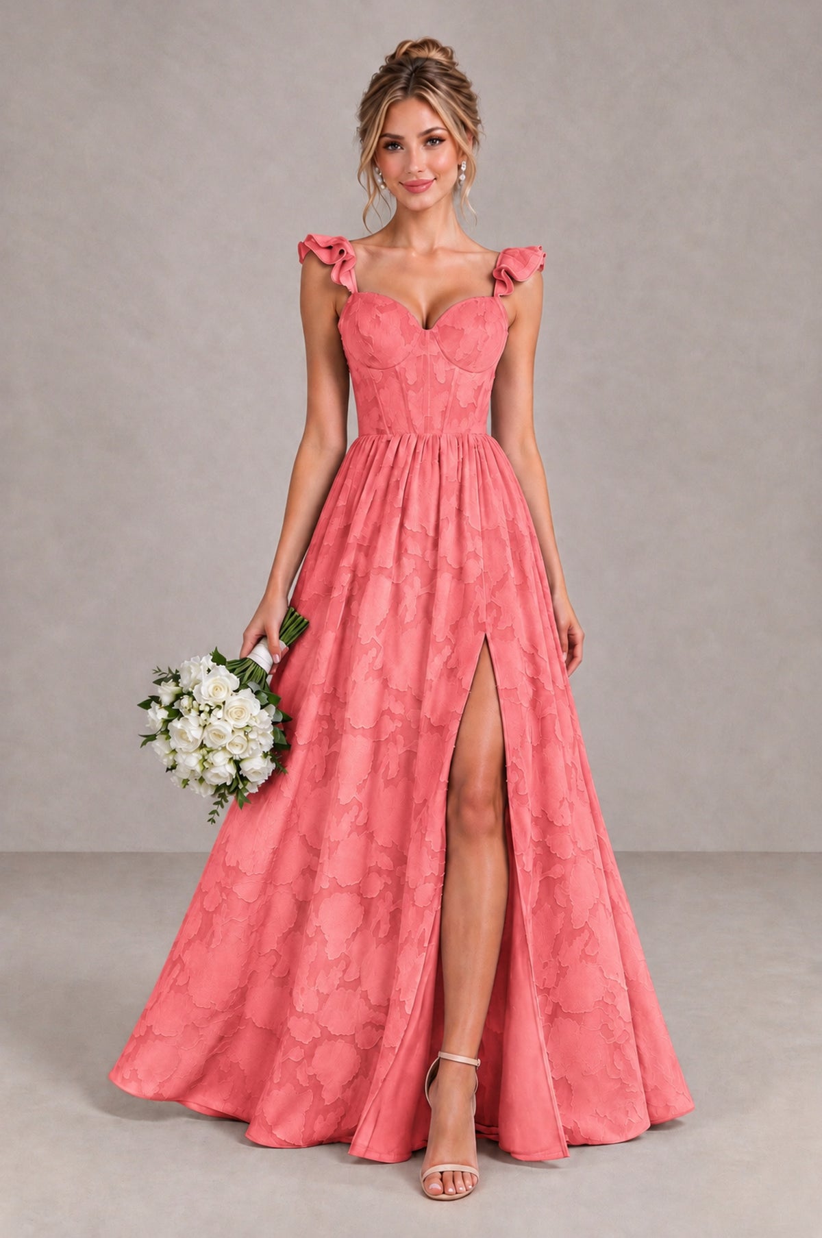 BOLODOO Coral Floral A-Line Bridesmaid Dress with Slit Ruffle Straps Maxi Gown - Coral - Coral_1