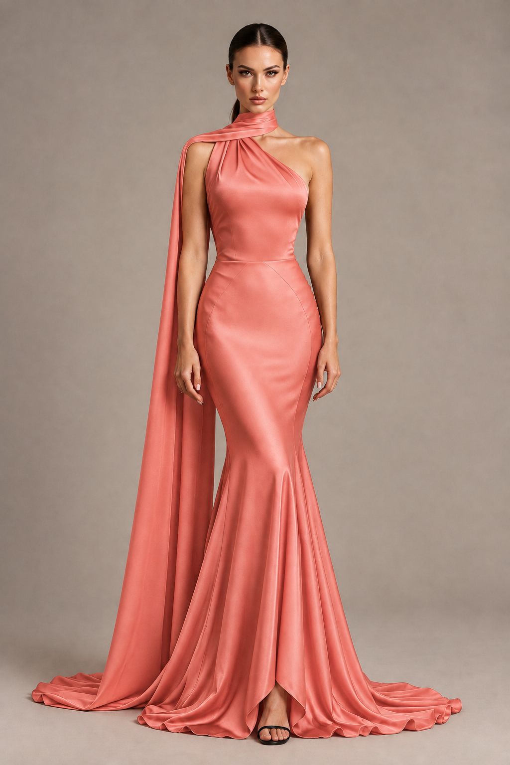 BOLODOO Coral One-Shoulder Satin Mermaid Evening Dress with Scarf - Coral - Coral_1