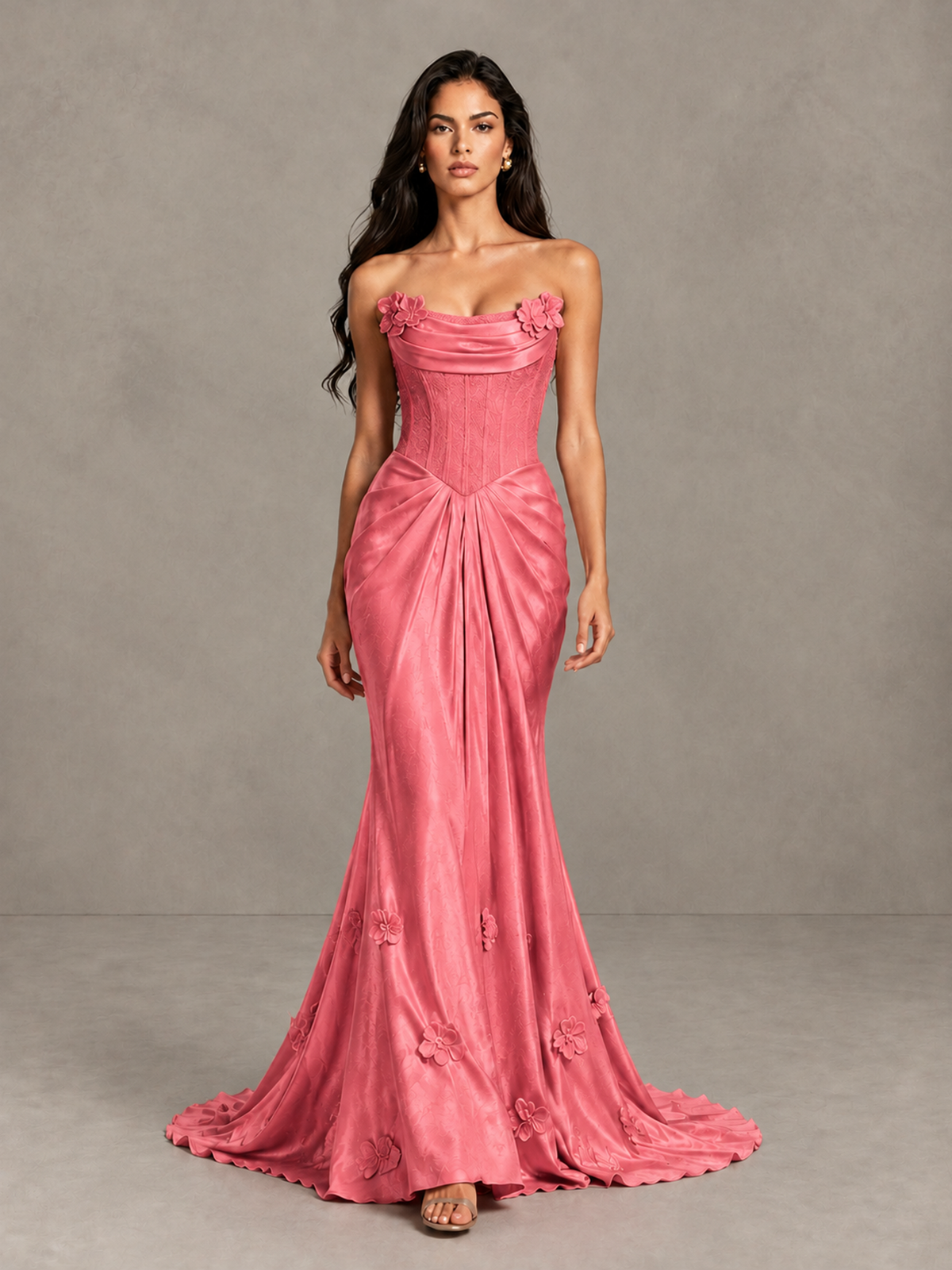 BOLODOO Coral Strapless Floral Corset Evening Gown with Train - Coral - Coral_1