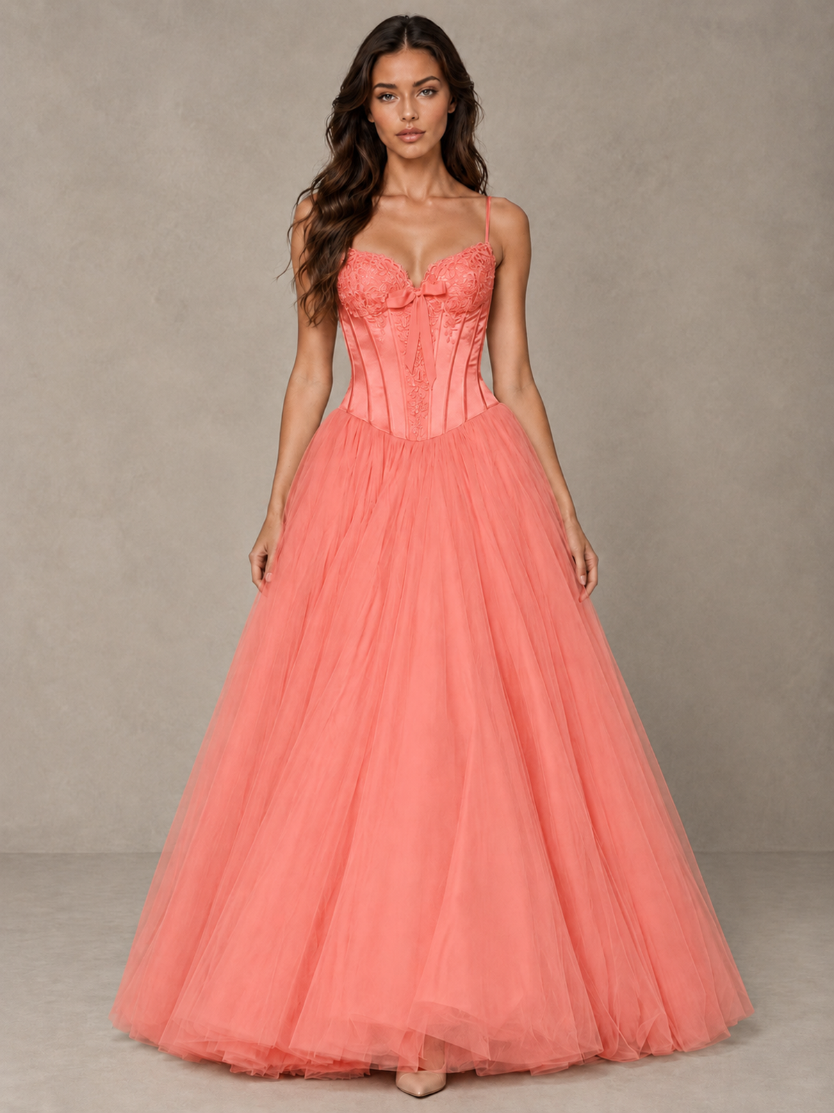 BOLODOO Coral Corset Tulle Prom Dress with Spaghetti Straps - Coral - Coral_1