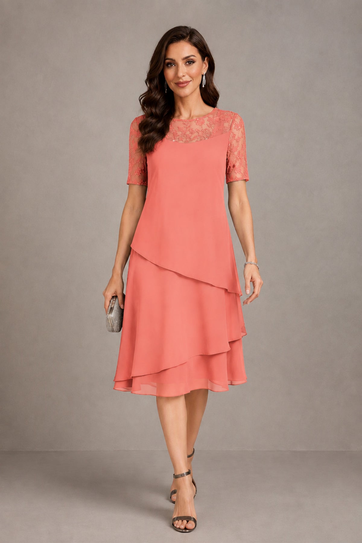 BOLODOO Coral Illusion Lace Short Sleeve Tiered Chiffon Tea Length Dress | Mother of the Bride Midi Dress - Coral