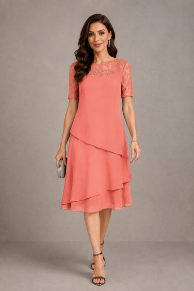 BOLODOO Coral Illusion Lace Short Sleeve Tiered Chiffon Tea Length Dress | Mother of the Bride Midi Dress - Coral