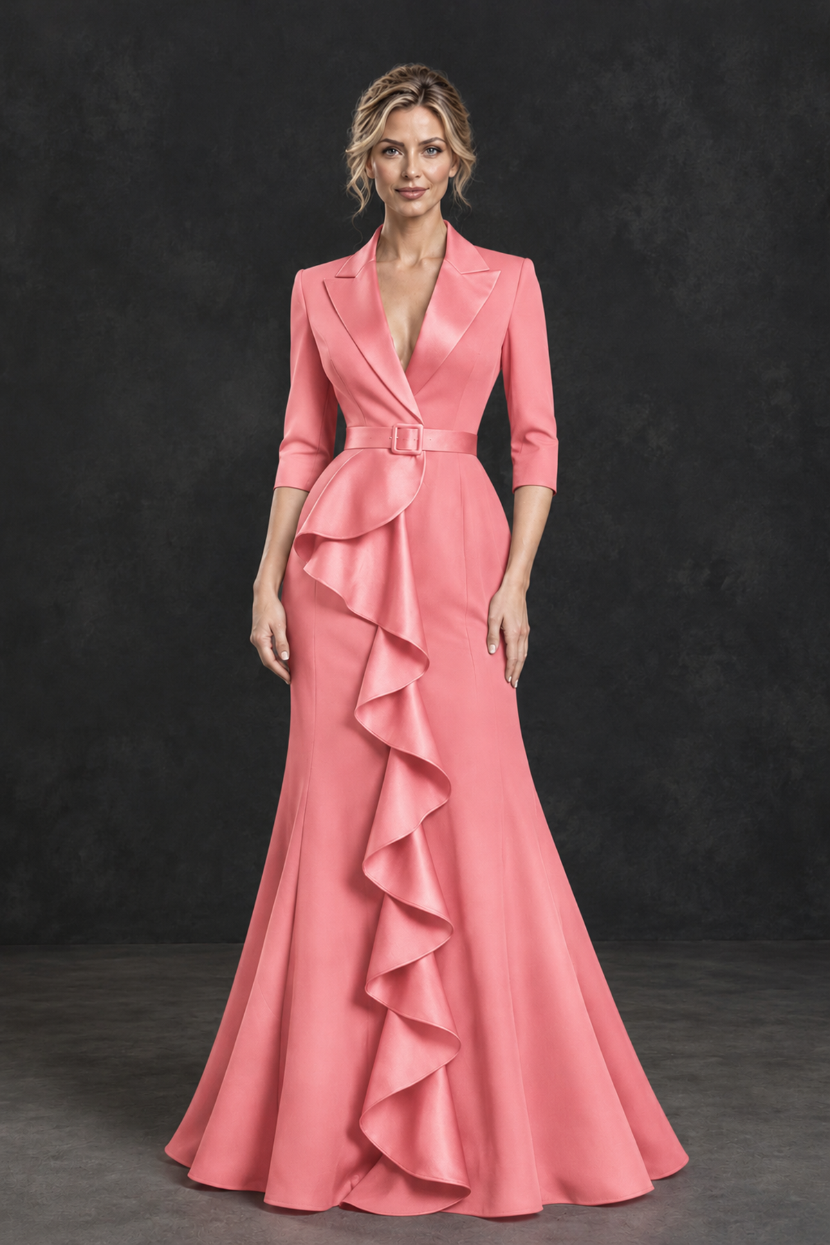 BOLODOO Coral Lapel Ruffle Mother of the Bride Dress with Belt - Coral - Coral_1