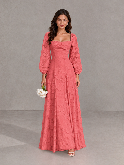 BOLODOO Coral Floral Long Sleeve A-Line Bridesmaid Dress - Coral - Coral_1