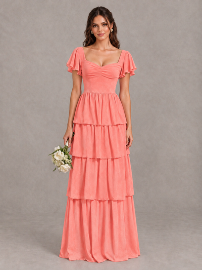 BOLODOO Coral Flutter Sleeve Tiered Maxi Bridesmaid Dress - Coral - Coral_1
