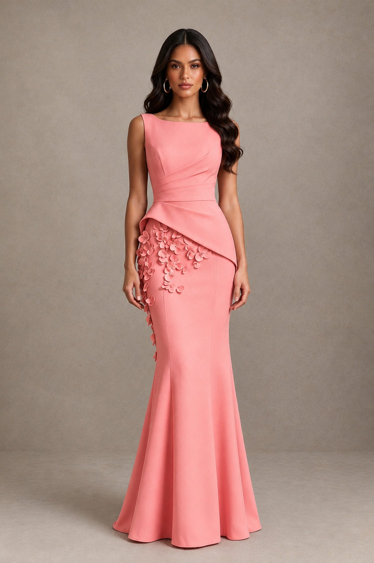 BOLODOO Coral Bateau Neck Sleeveless Asymmetric Peplum 3D Petal Appliqué Mermaid Gown BD0421 - Coral - Coral_1
