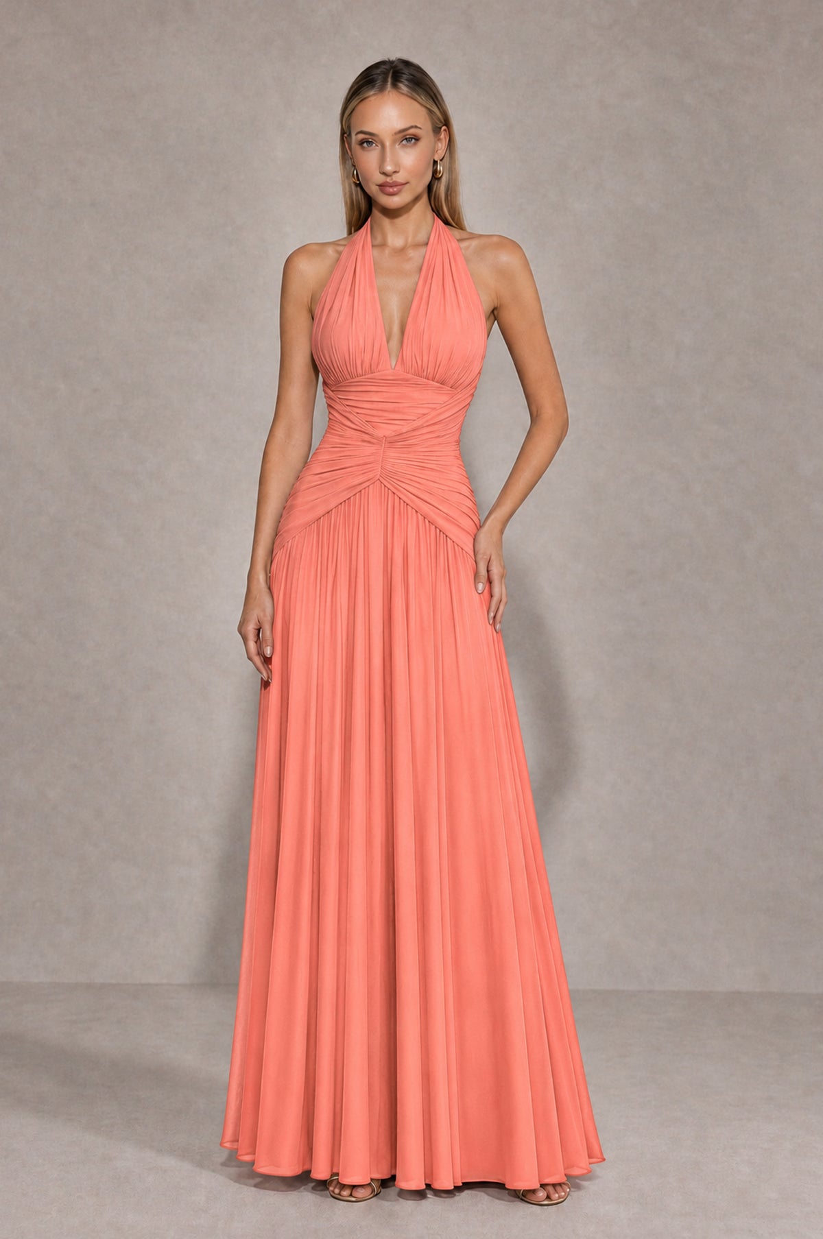 BOLODOO Coral Chiffon Halter Deep V-Neck Ruched A-Line Backless Maxi Dress with Train-BD0167 - Coral - Coral_1