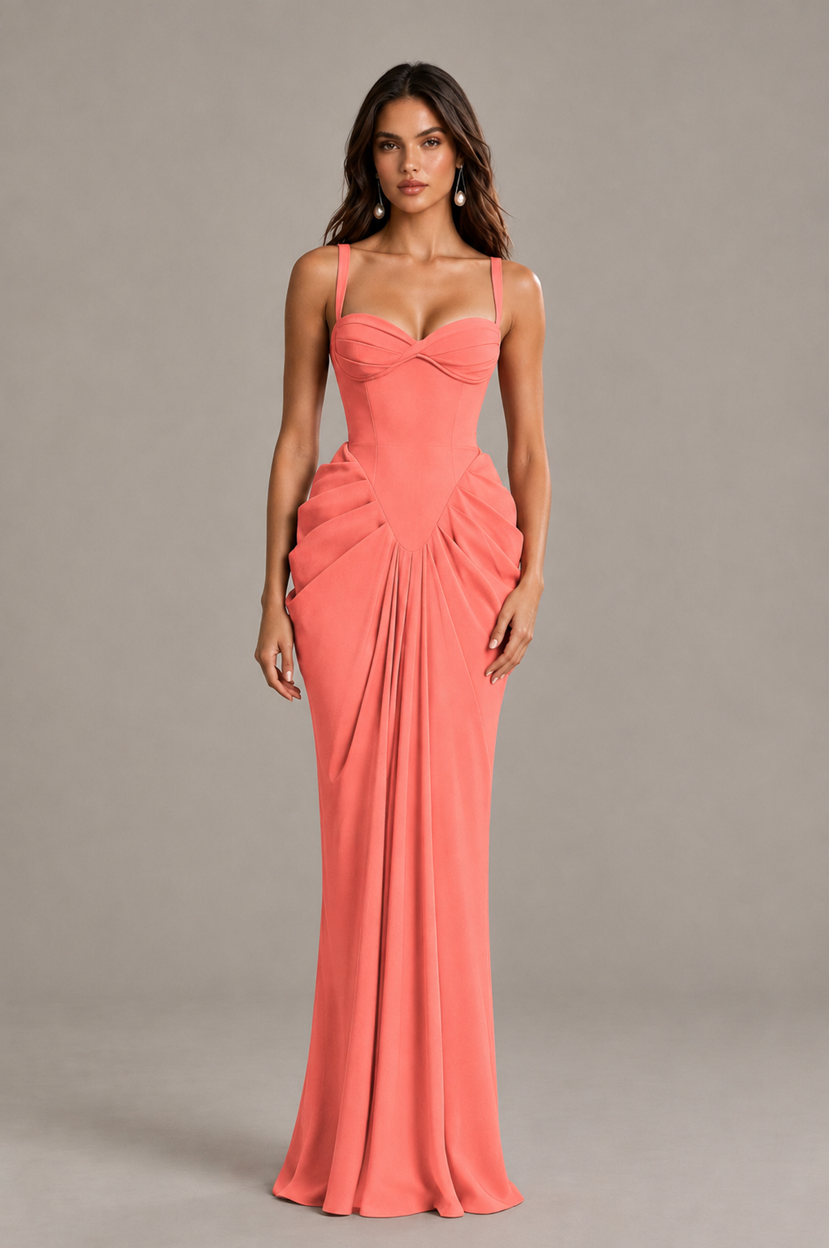 BOLODOO Coral Sweetheart Ruched Lace-Up Back Evening Gown - Coral - Coral_1