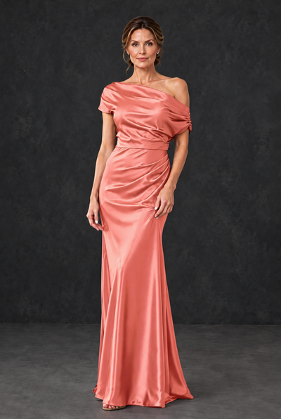 BOLODOO Coral Asymmetric Ruched Mother of the Bride Dress - Coral - Coral_1