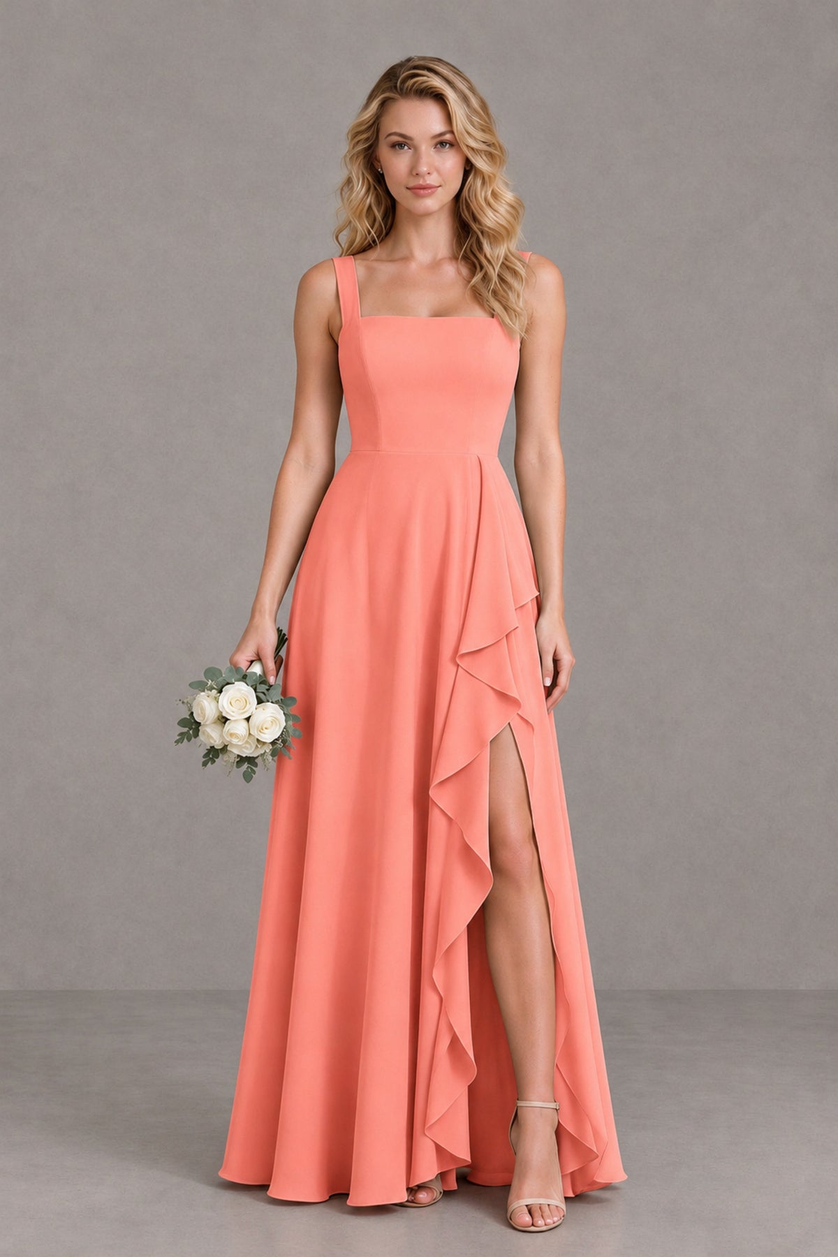BOLODOO Coral Square Neck Ruffle A-Line Bridesmaid Dress with Slit - Coral - Coral_1