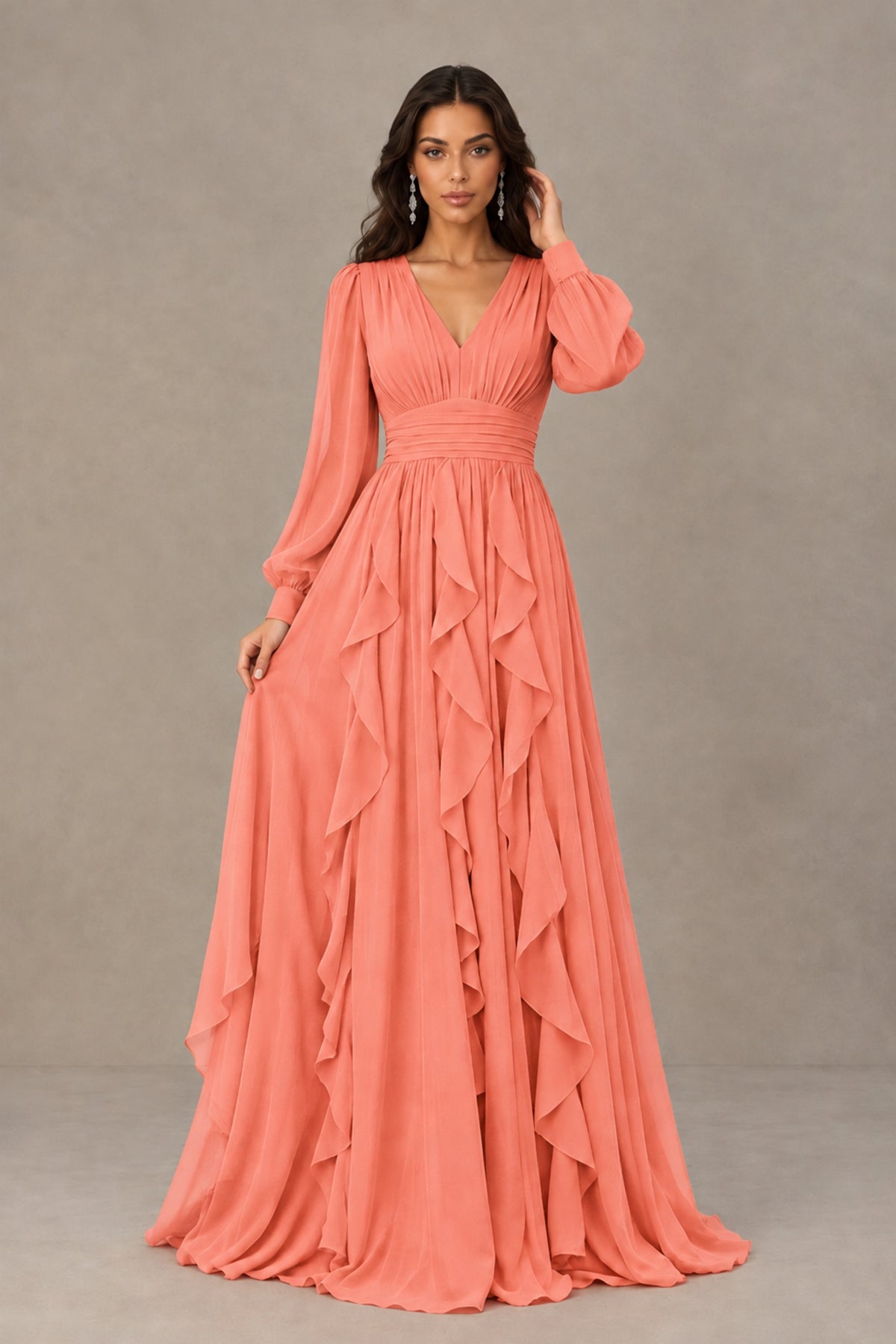 BOLODOO Coral Long Sleeve V-Neck Ruffle Maxi Dress - Coral