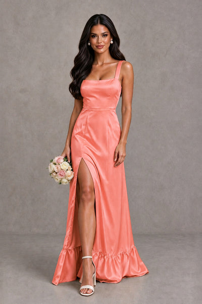 BOLODOO Coral Square Neck Satin Evening Dress with Lace-Up Back and High Slit - Coral - Coral_1