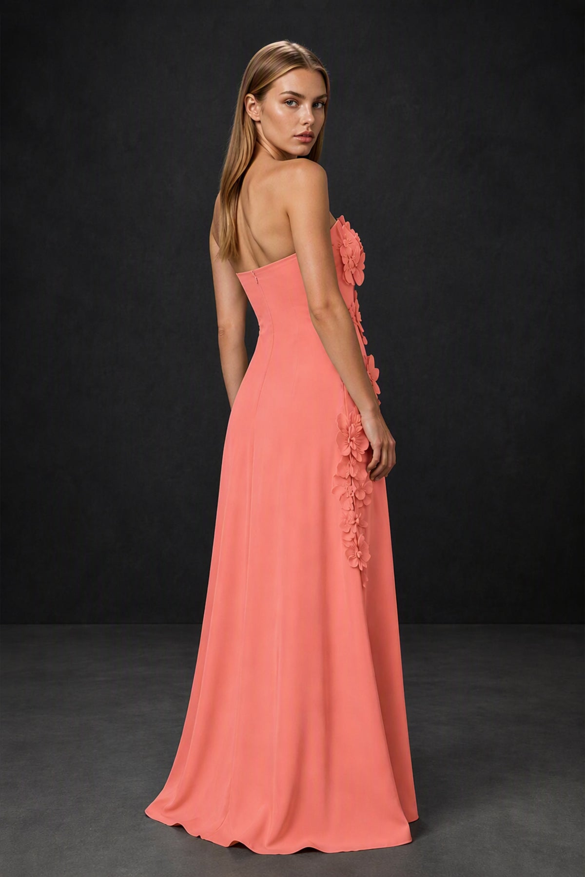 BOLODOO Coral Strapless 3D Floral Appliqué Crepe Mermaid Maxi Gown - Coral