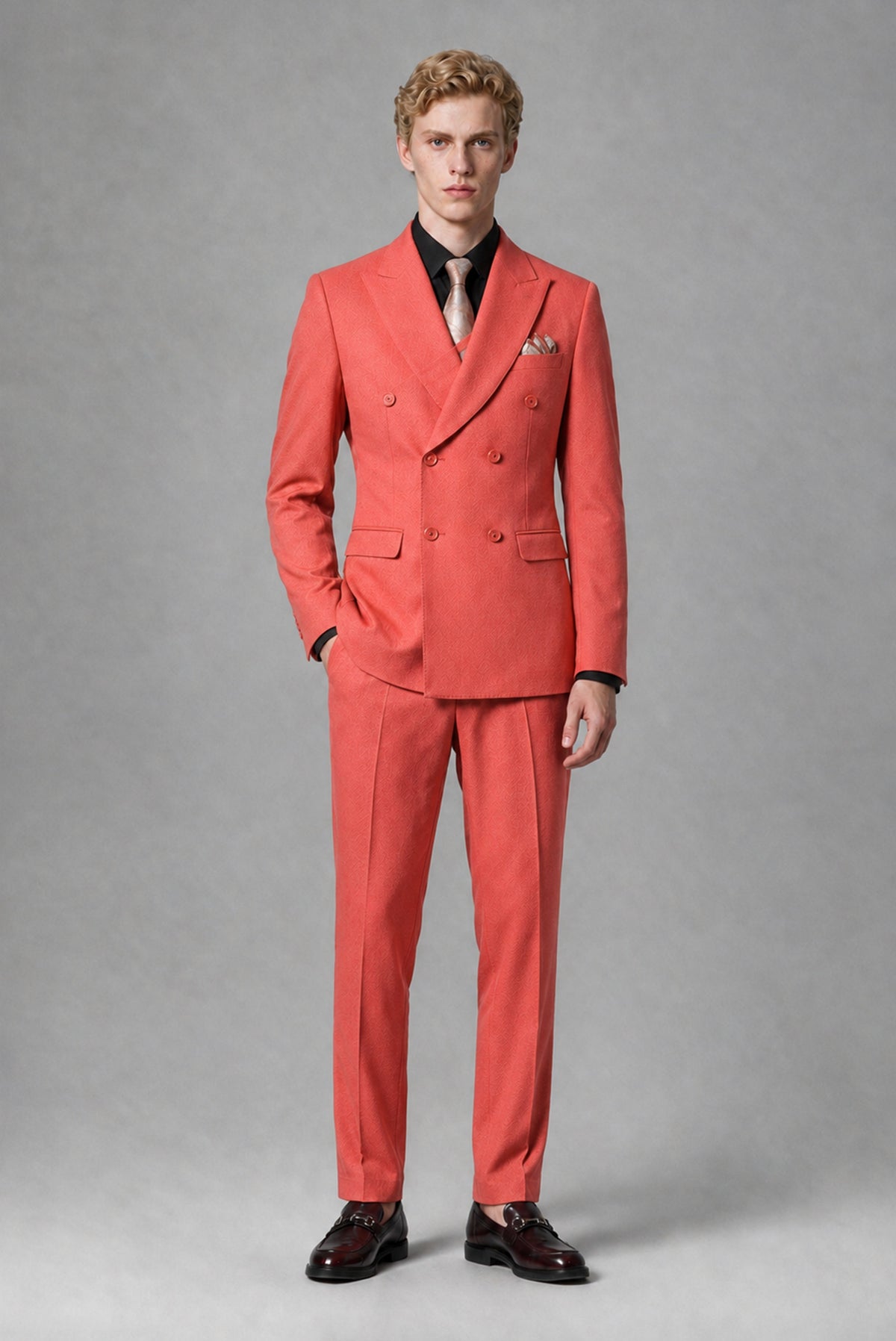 BOLODOO Men's Coral Double-Breasted Two-Piece Suit – Jacket & Trousers - Coral