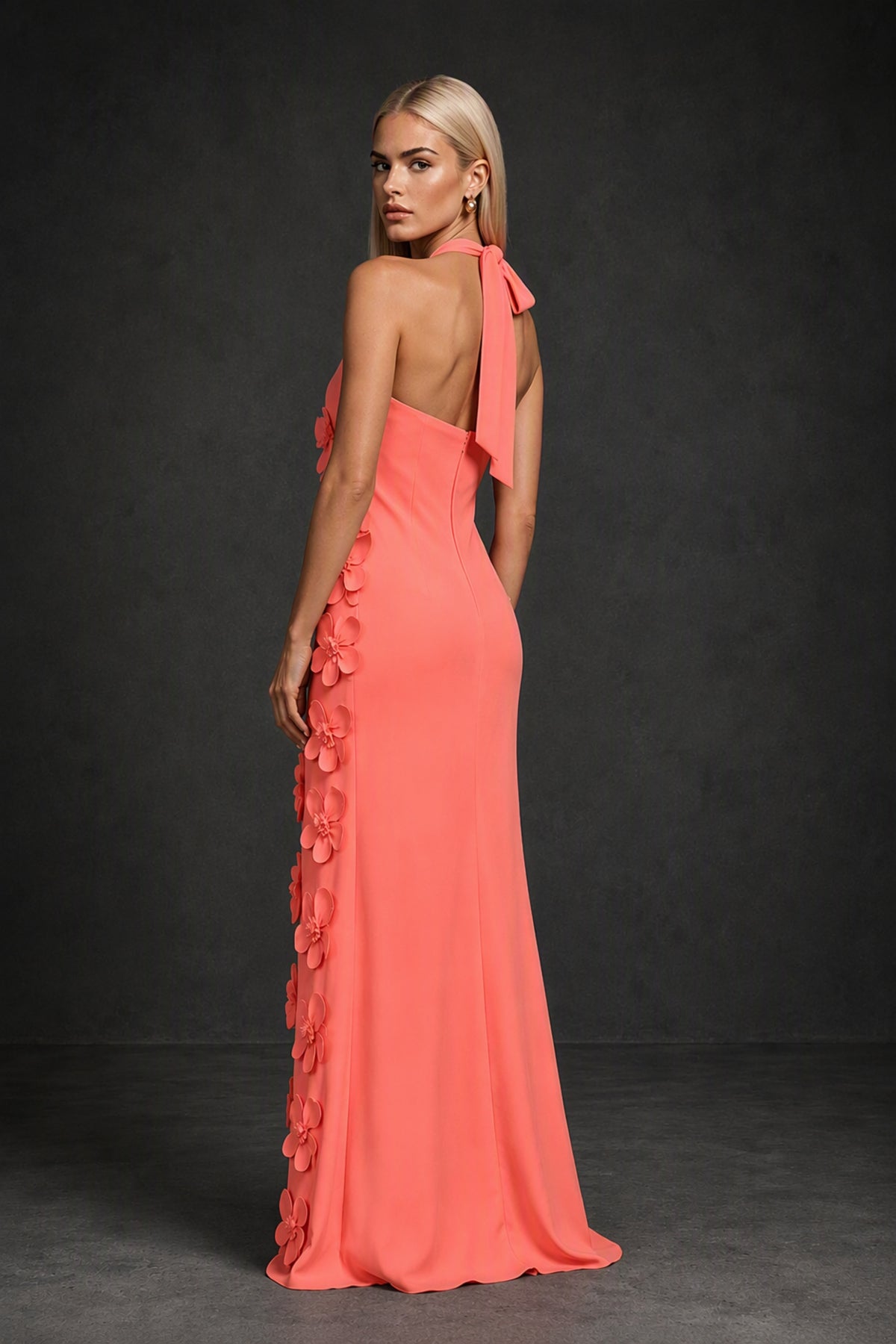 BOLODOO Coral Cross Halter Neck 3D Floral Appliqué Backless Mermaid Maxi Gown - Coral