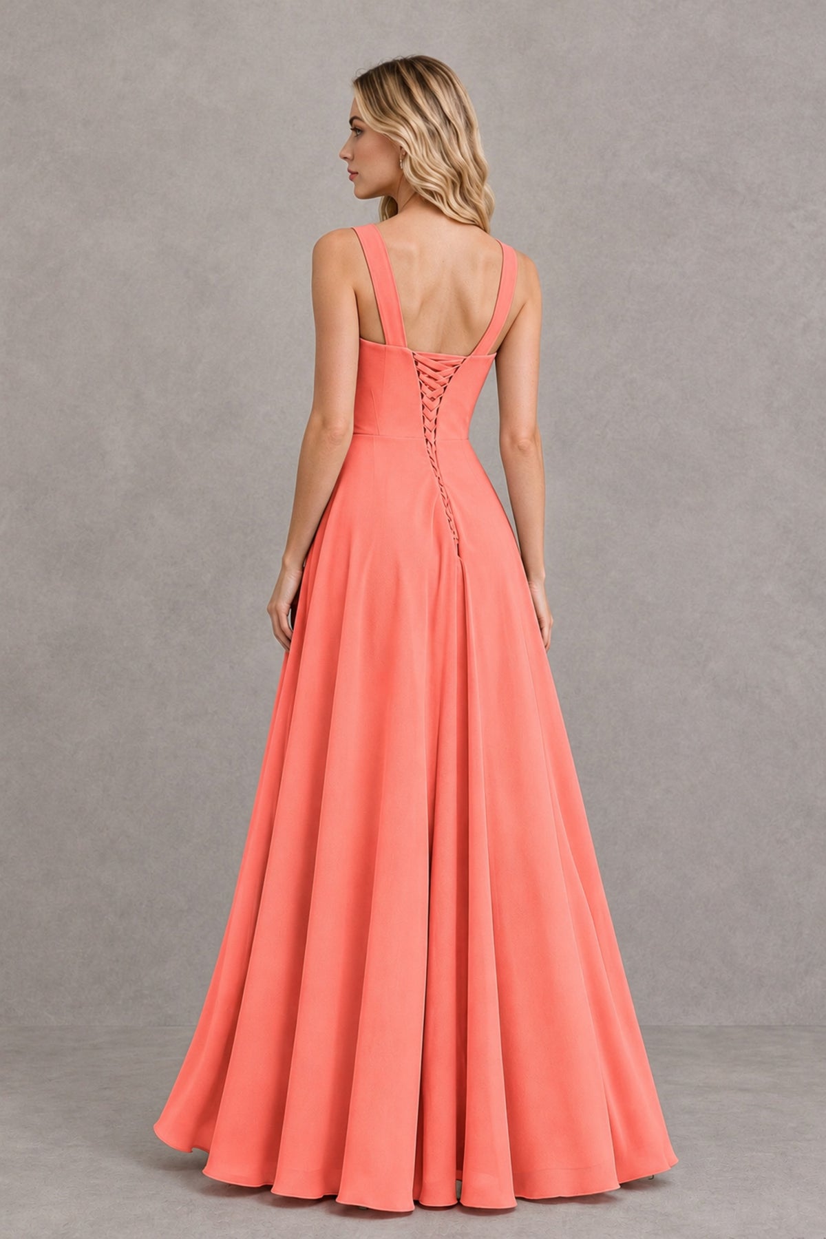 BOLODOO Coral Square Neck Ruffle A-Line Bridesmaid Dress with Slit - Coral - Coral_2