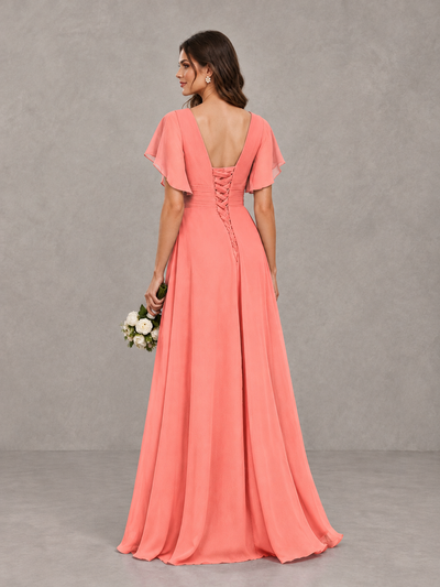 BOLODOO Coral Flutter Sleeve V-Neck Bridesmaid Dress with Ruffle Slit - Coral - Coral_2