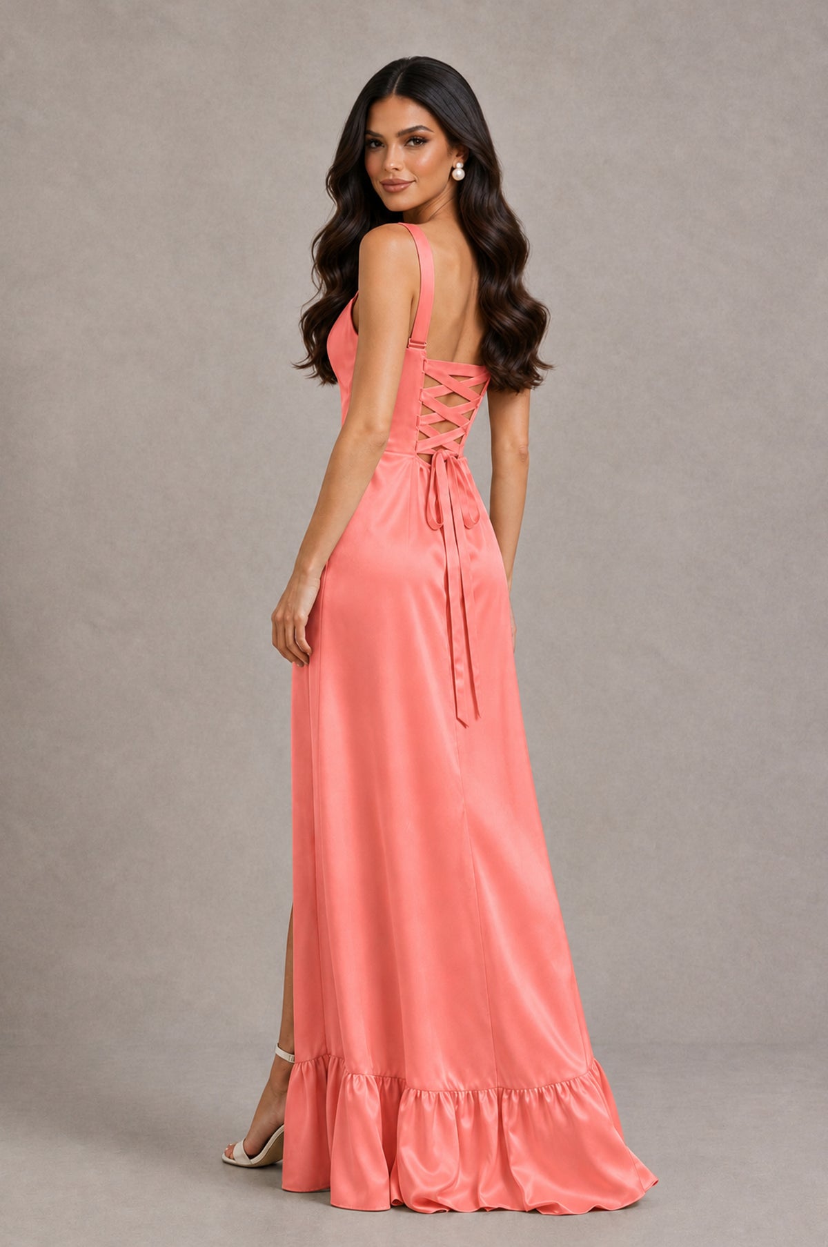 BOLODOO Coral Square Neck Satin Evening Dress with Lace-Up Back and High Slit - Coral - Coral_2