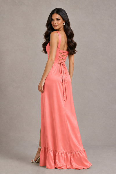 BOLODOO Coral Square Neck Satin Evening Dress with Lace-Up Back and High Slit - Coral - Coral_2