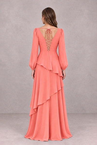 BOLODOO Coral Long Sleeve Ruffle Bridesmaid Dresses - Coral - Coral_2