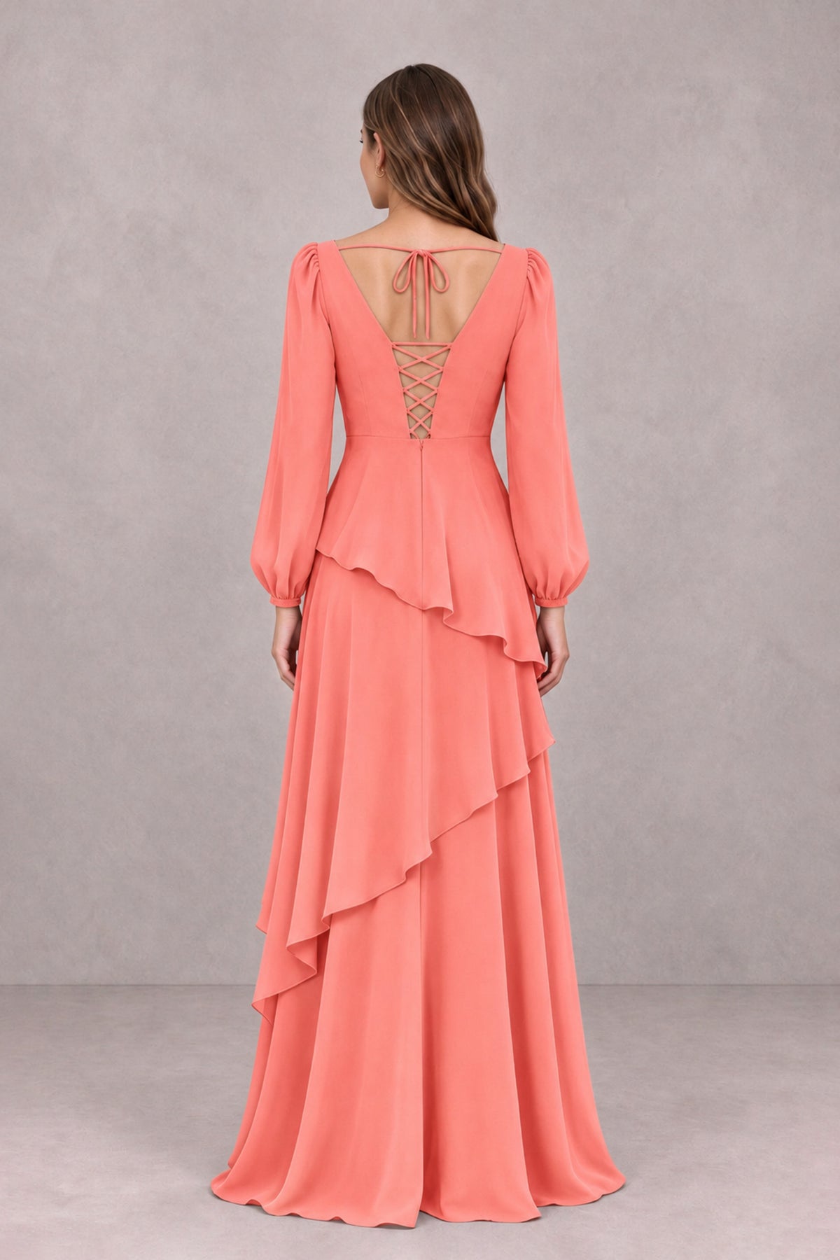 BOLODOO Coral Long Sleeve Ruffle Bridesmaid Dresses - Coral - Coral_2