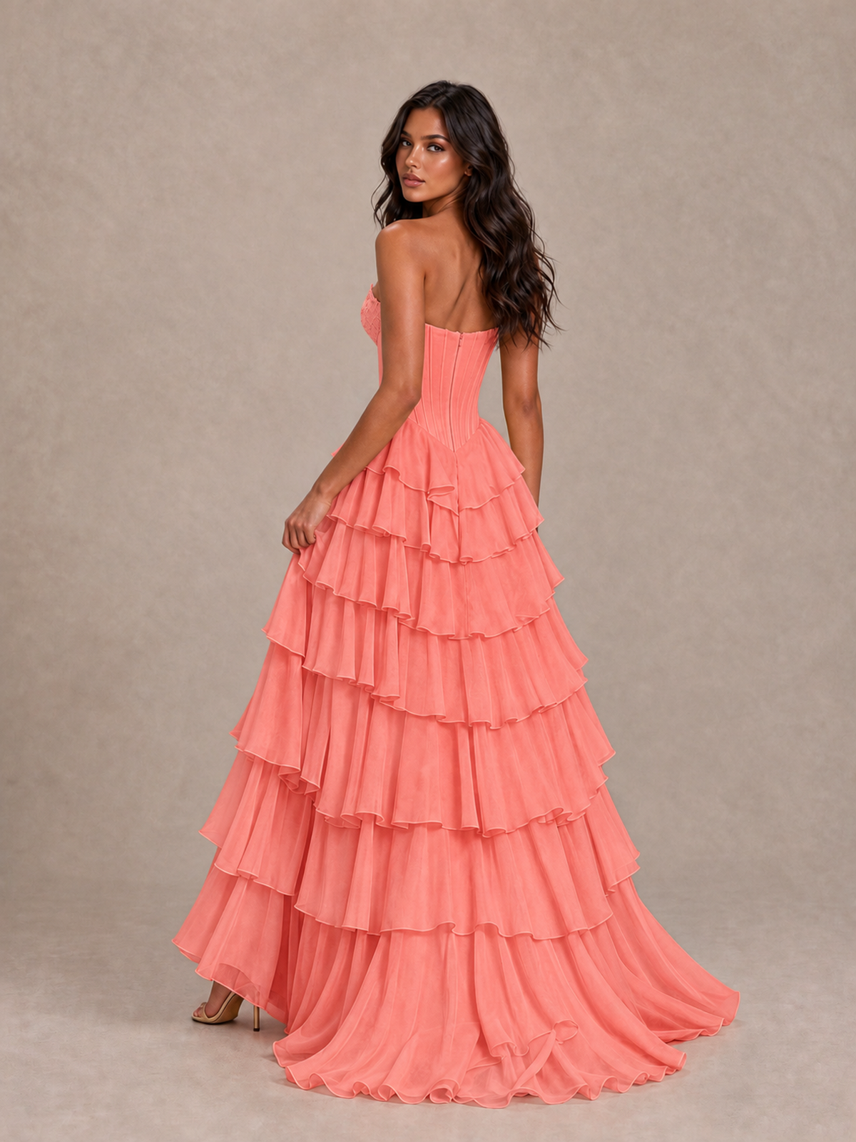 BOLODOO Coral Strapless Corset Tiered Ruffle Prom Dress with High Slit - Coral - Coral_2