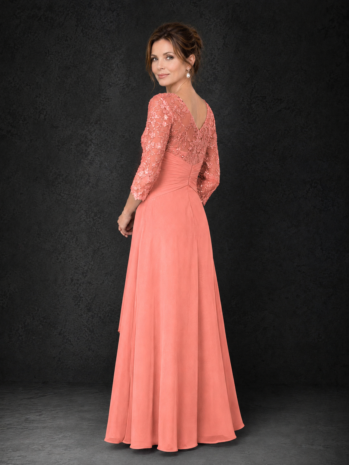 BOLODOO Coral Sequin Lace & Chiffon Tea-Length Mother of the Bride Dress with 3/4 Sleeves - Coral