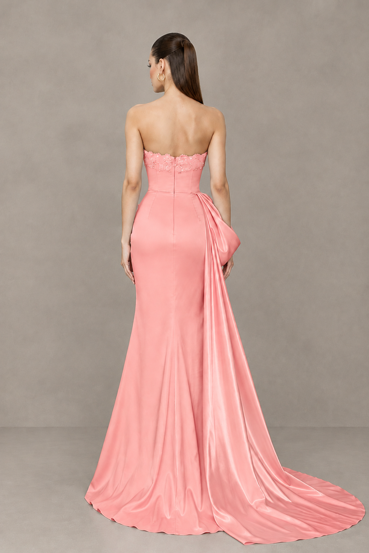 BOLODOO Coral Strapless Satin Prom Dress with Draped Side Train - Coral - Coral_2