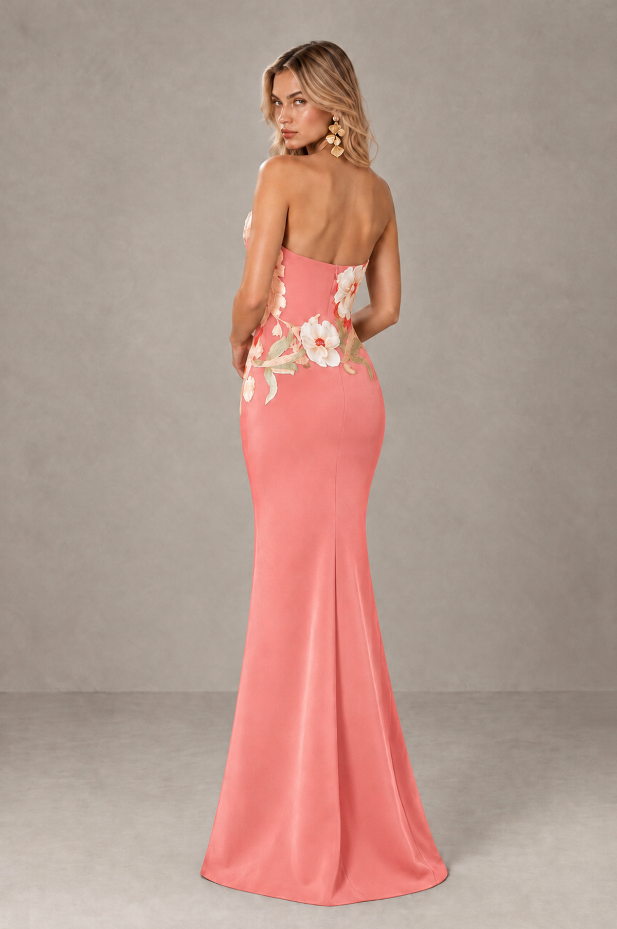 BOLODOO Coral Strapless Floral Mermaid Evening Dress with Slit - Coral - Coral_2