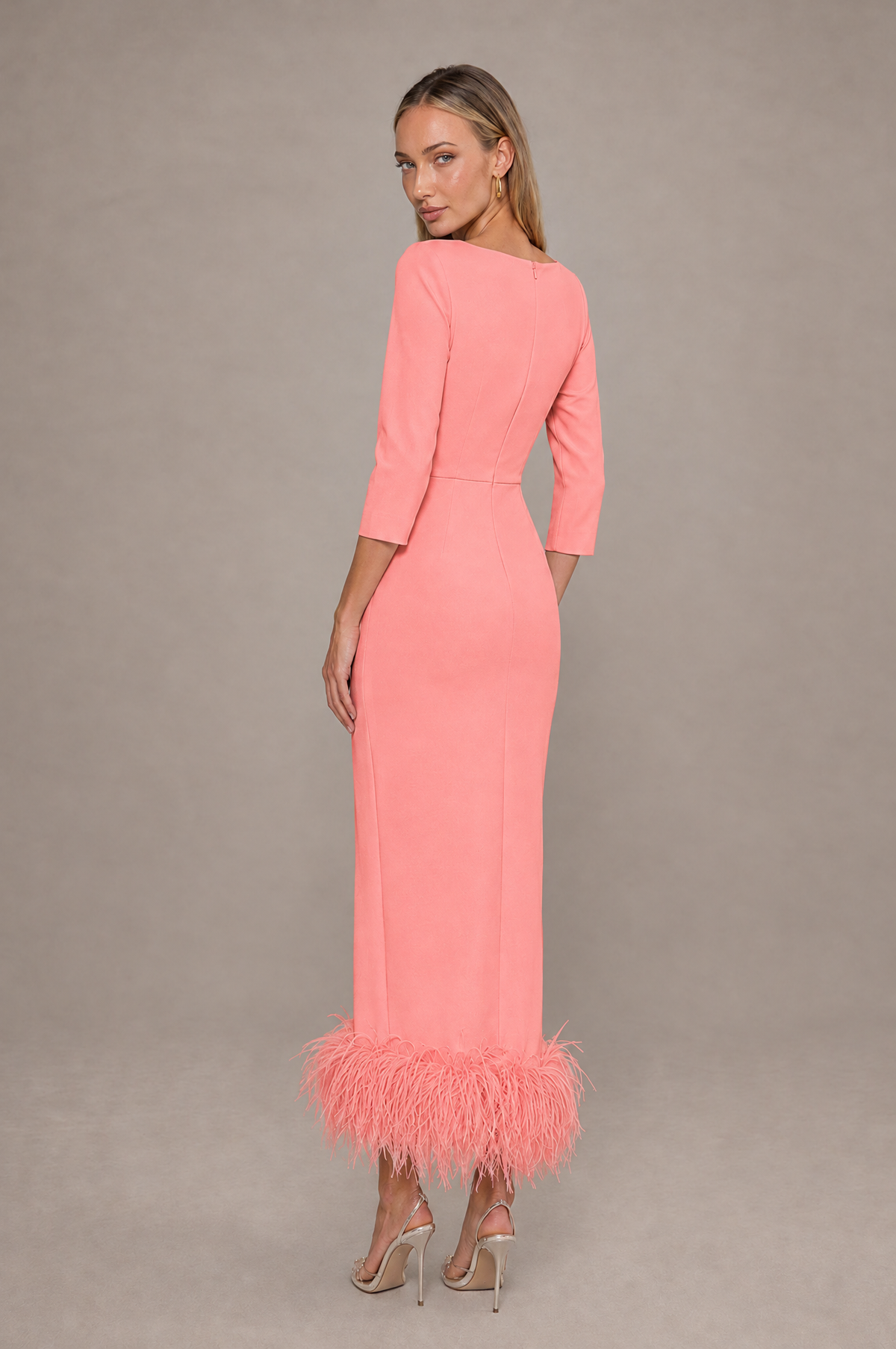 BOLODOO Coral Feather-Trim Twist-Waist Midi Dress - Coral - Coral_2