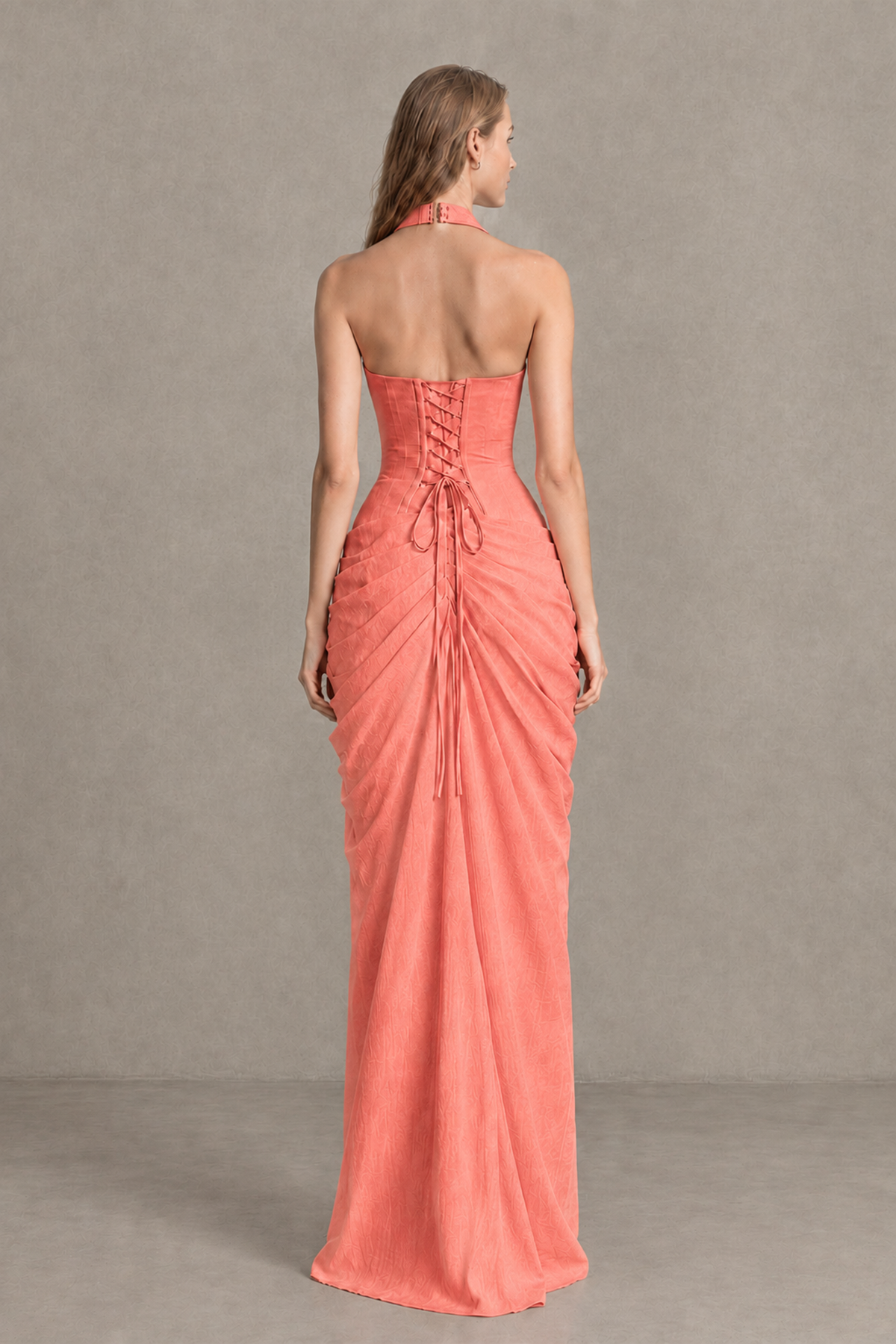 BOLODOO Coral Halter Neck Ruched Maxi Dress with High Slit - Coral - Coral_2