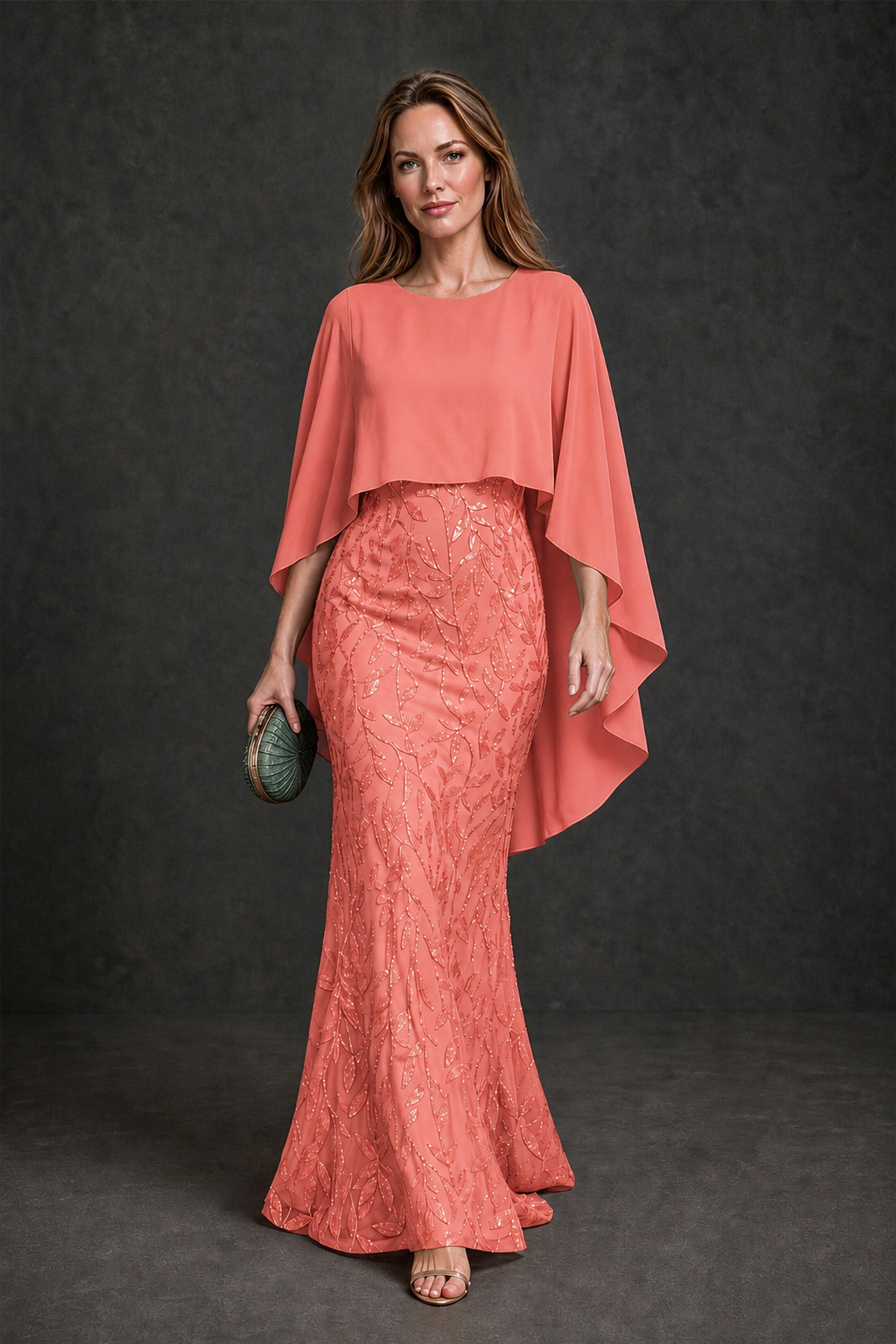 BOLODOO Coral Round Neck Chiffon Cape Overlay Sequin Lace Mermaid Maxi Dress - Coral - Coral_2