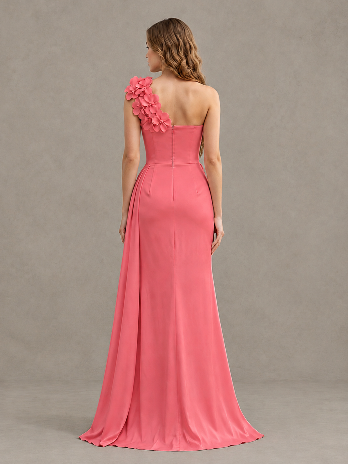 BOLODOO Coral One-Shoulder Satin Mermaid Evening Gown with 3D Floral Appliqué - Coral - Coral_2