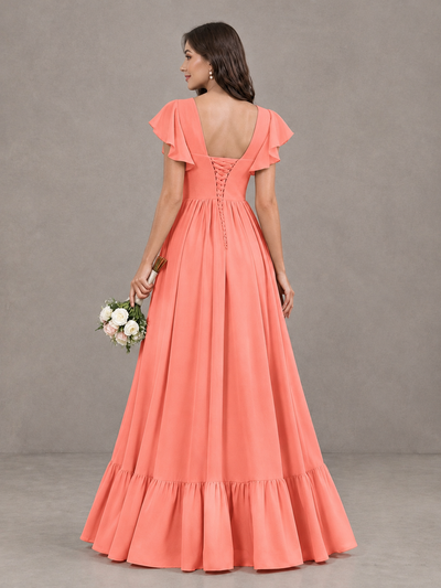 BOLODOO Coral Square Neck Flutter Sleeve Bridesmaid Dress with Slit - Coral - Coral_2