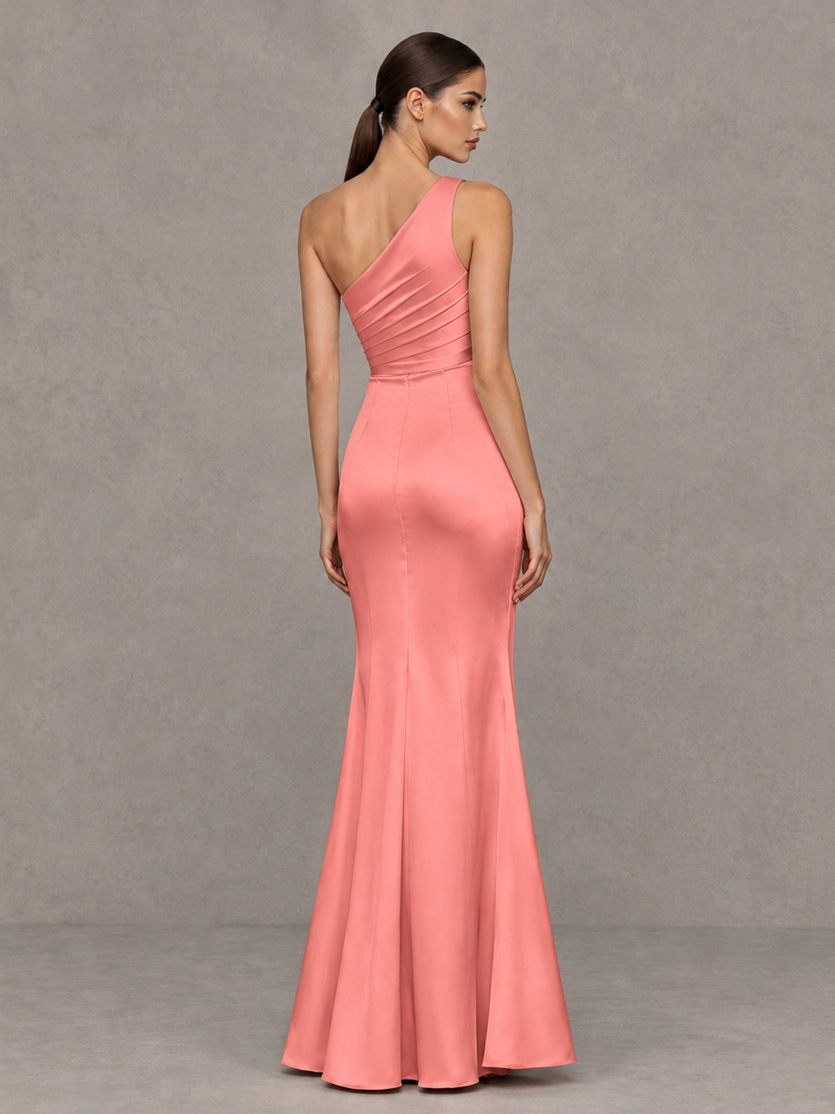 BOLODOO Coral One-Shoulder Ruched Satin-Look Evening Gown with High Slit - Coral - Coral_2