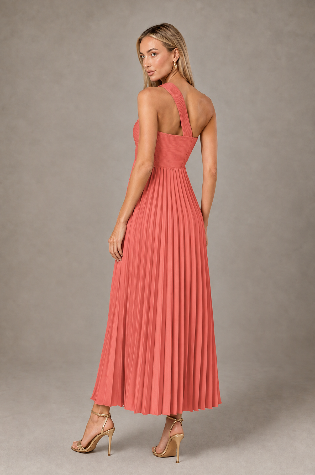 BOLODOO Coral One-Shoulder Twist Knot Pleated Satin Midi Dress with Cutout - Coral - Coral_2