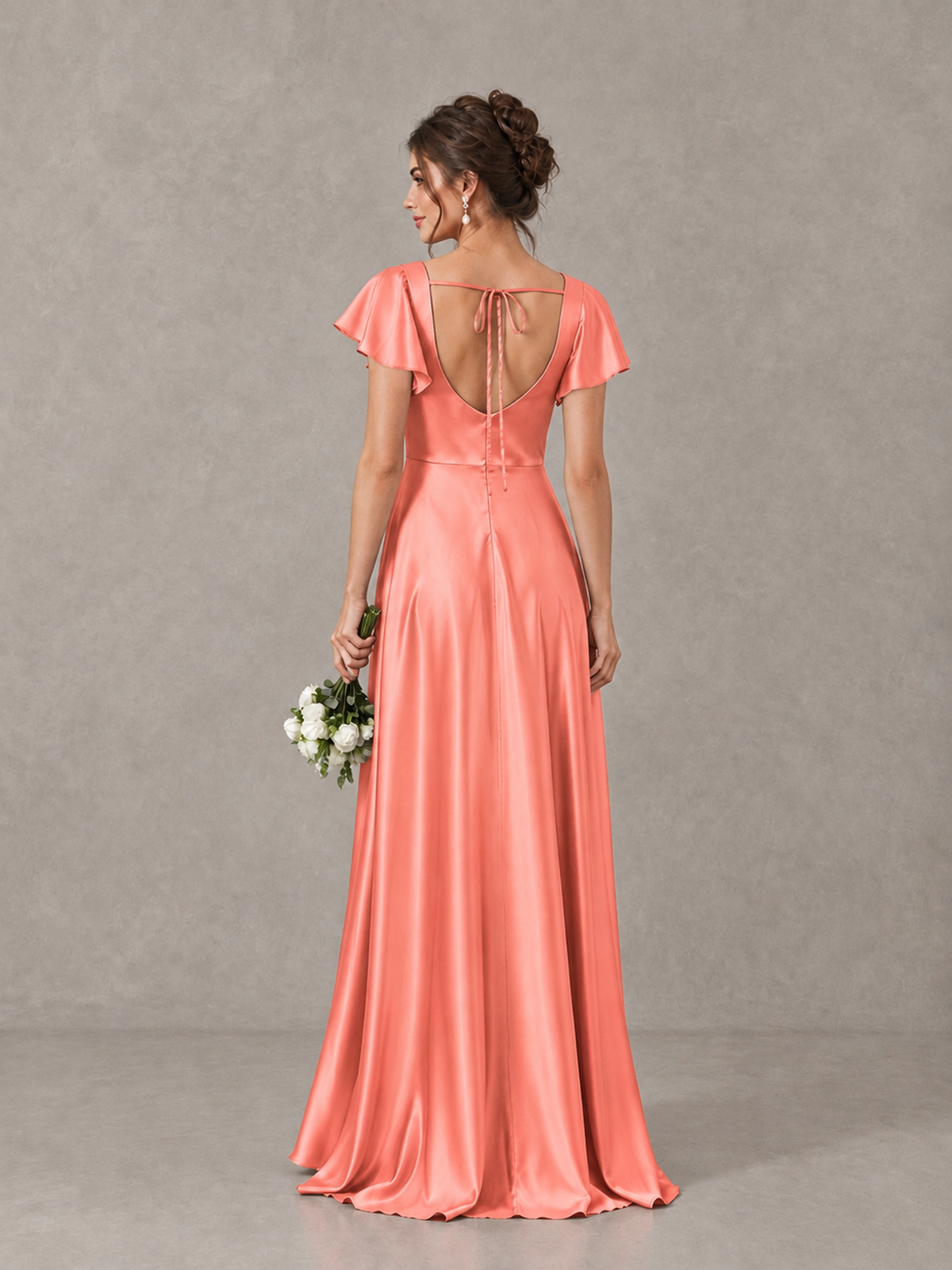 BOLODOO Coral Satin Square Neck Flutter Sleeve A-Line Bridesmaid Dress with Slit - Coral - Coral_2