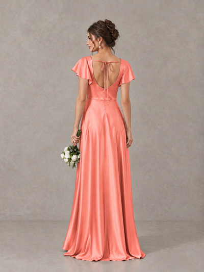 BOLODOO Coral Satin Square Neck Flutter Sleeve A-Line Bridesmaid Dress with Slit - Coral - Coral_2