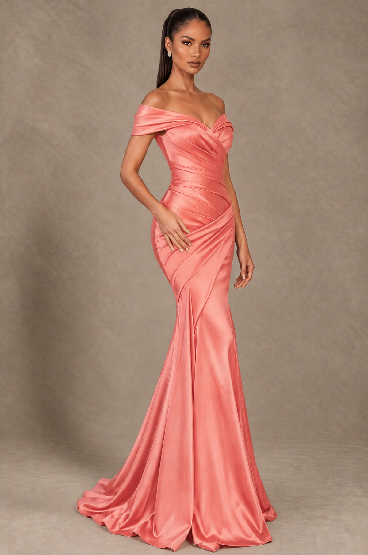 BOLODOO Coral Off-the-Shoulder Ruched Satin Mermaid Evening Dress - Coral - Coral_2