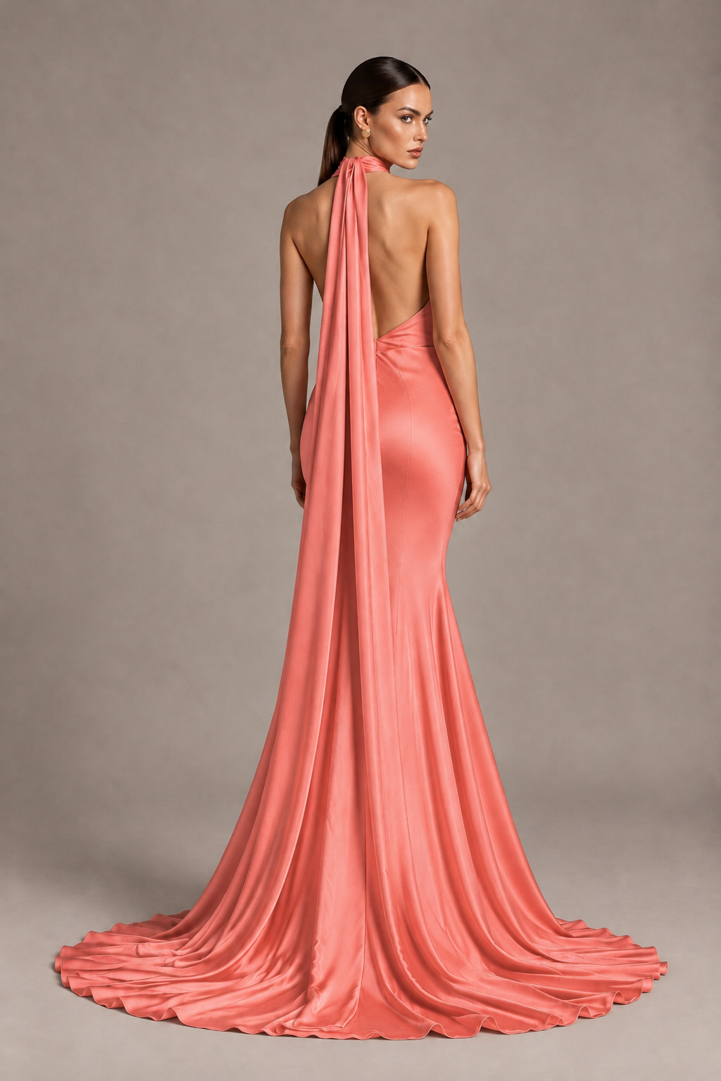 BOLODOO Coral One-Shoulder Satin Mermaid Evening Dress with Scarf - Coral - Coral_2