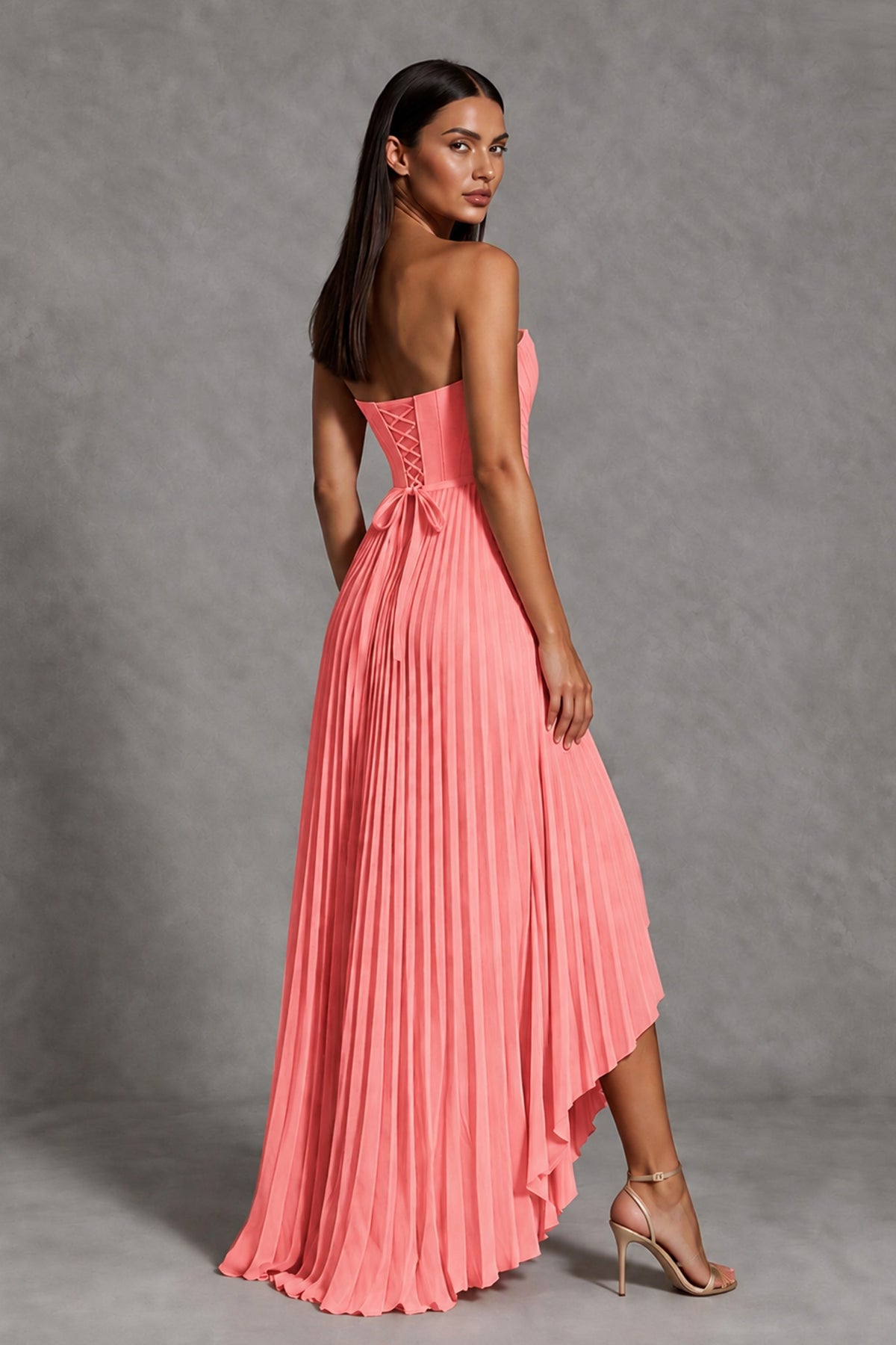 Coral Strapless Pleated High-Low Evening Gown with Ruffle Hem - Coral