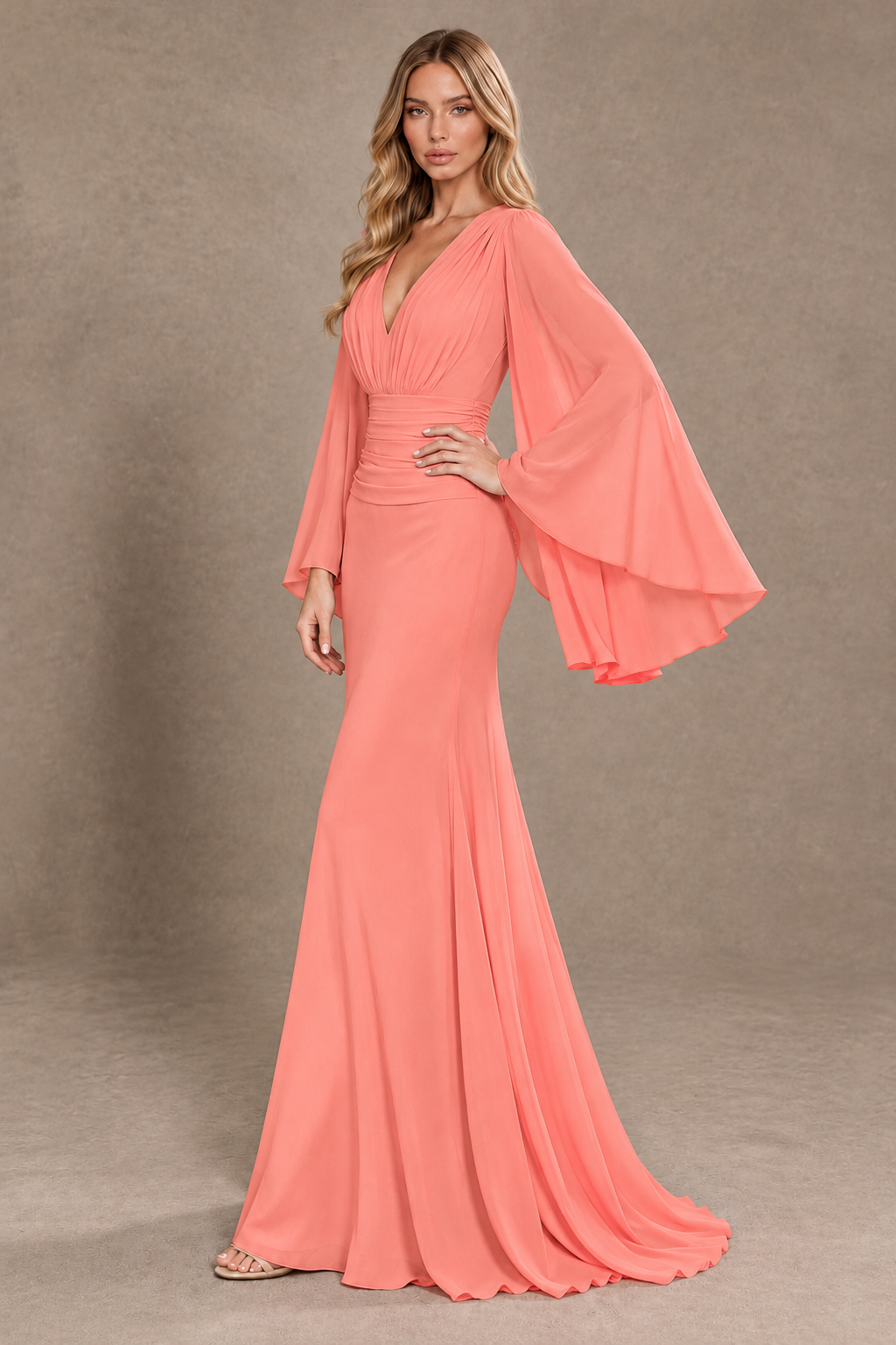 BOLODOO Coral Cape Sleeve V-Neck Ruched Chiffon Evening Dress - Coral - Coral_2